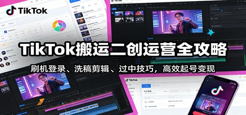 TikTok搬运二创运营全攻略：刷机登录、洗稿剪辑 、过中技巧，高效起号变现网赚项目-副业赚钱-互联网创业-资源整合百读客