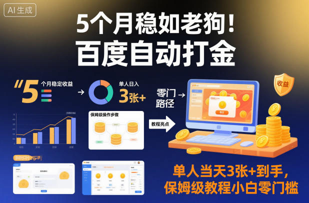 5个月稳如老狗！百度自动打金，单人当天3张+到手，保姆级教程小白零门槛网赚项目-副业赚钱-互联网创业-资源整合百读客