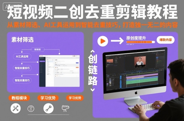 短视频二创去重剪辑教程,从素材筛选、AI工具运用到智能去重技巧,打造独一无二的内容网赚项目-副业赚钱-互联网创业-资源整合百读客