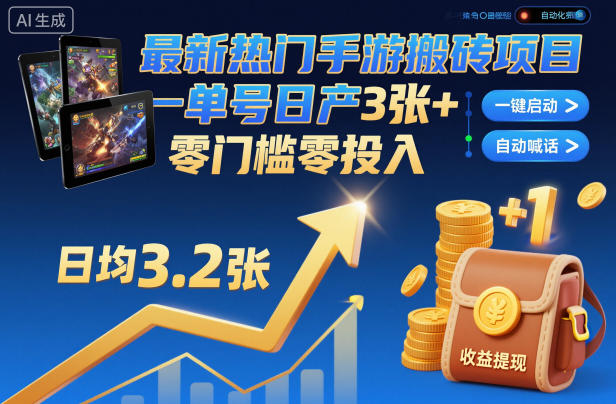 最新热门手游搬砖项目,一键自动化挂G,单号日产3张+,零门槛零投入网赚项目-副业赚钱-互联网创业-资源整合百读客