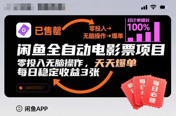 闲鱼全自动电影票项目，零投入无脑操作，天天爆单，每日稳定收益3张网赚项目-副业赚钱-互联网创业-资源整合百读客