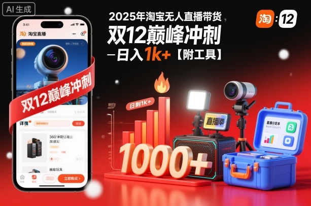 2025年淘宝无人直播带货,冲刺双12,日入1k+【附工具】网赚项目-副业赚钱-互联网创业-资源整合百读客