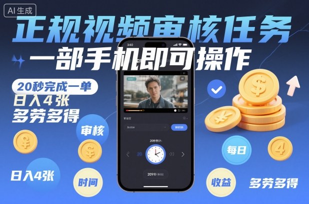 正规视频审核任务,一部手机即可操作,20秒完成一单,日入4张,多劳多得网赚项目-副业赚钱-互联网创业-资源整合百读客