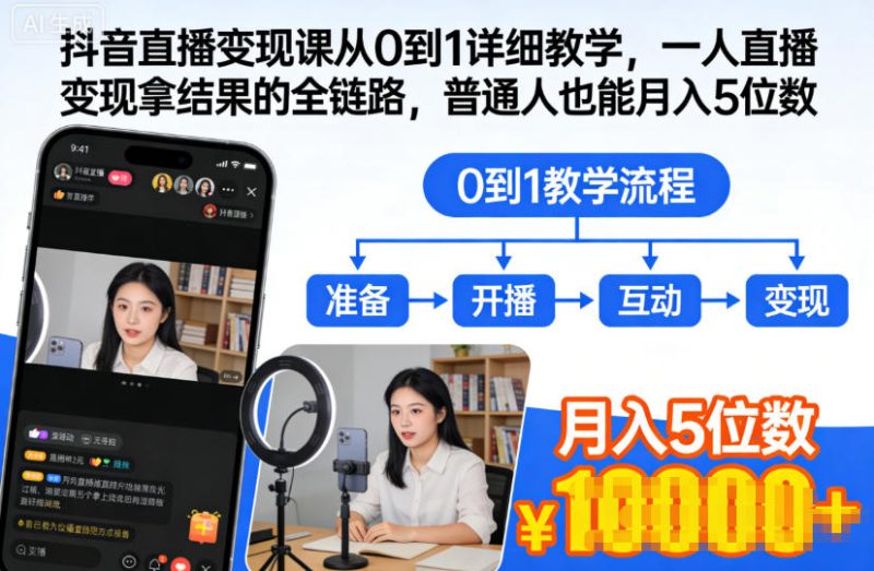 抖音直播变现课从0到1详细教学，一人直播变现拿结果的全链路，普通人也能月入5位数网赚项目-副业赚钱-互联网创业-资源整合百读客