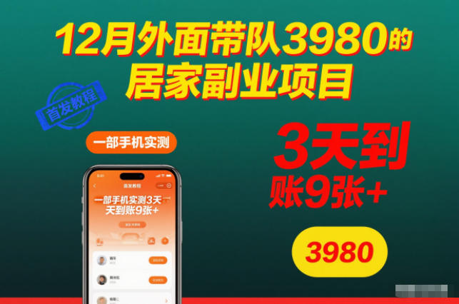 12月外面带队3980的居家副业项目，一部手机实测3天到账9张+，首发教程网赚项目-副业赚钱-互联网创业-资源整合百读客