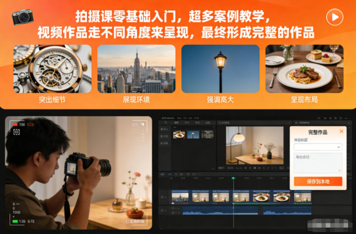 拍摄课零基础入门，超多案例教学，视频作品走不同角度来呈现，最终形成完整的作品网赚项目-副业赚钱-互联网创业-资源整合百读客