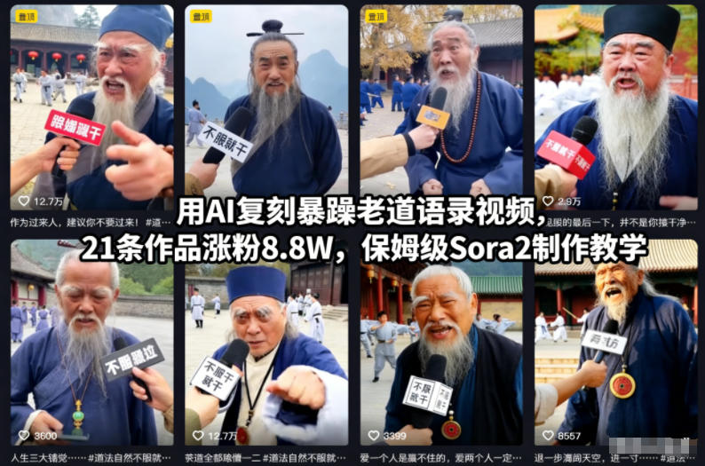 用AI复刻暴躁老道语录视频，21条作品涨粉8.8W，保姆级Sora2制作教学网赚项目-副业赚钱-互联网创业-资源整合百读客