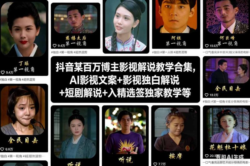 抖音某百万博主影视解说教学合集，AI影视文案+影视独白解说+短剧解说+入精选签独家教学等网赚项目-副业赚钱-互联网创业-资源整合百读客
