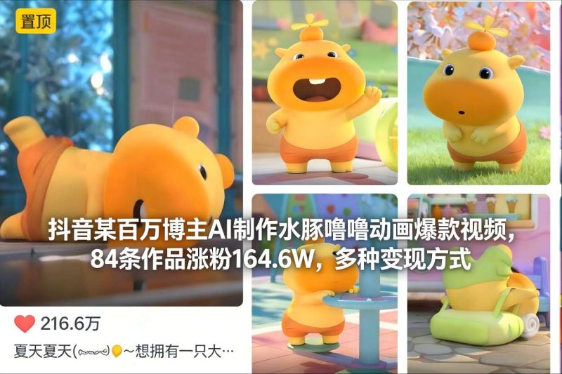 抖音某百万博主AI制作水豚噜噜动画爆款视频,84条作品涨粉164.6W,多种变现方式网赚项目-副业赚钱-互联网创业-资源整合百读客