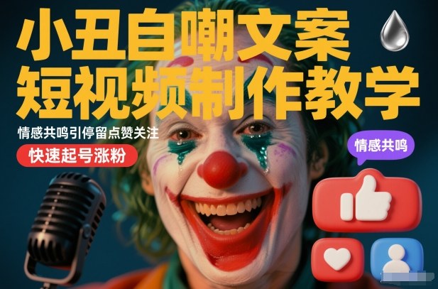 小丑自嘲文案短视频制作教学，情感共鸣引停留点赞关注，快速起号涨粉网赚项目-副业赚钱-互联网创业-资源整合百读客