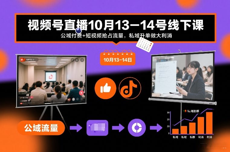 视频号直播10月13-14号线下课，公域付费+短视频抢占流量，私域升单做大利消网赚项目-副业赚钱-互联网创业-资源整合百读客