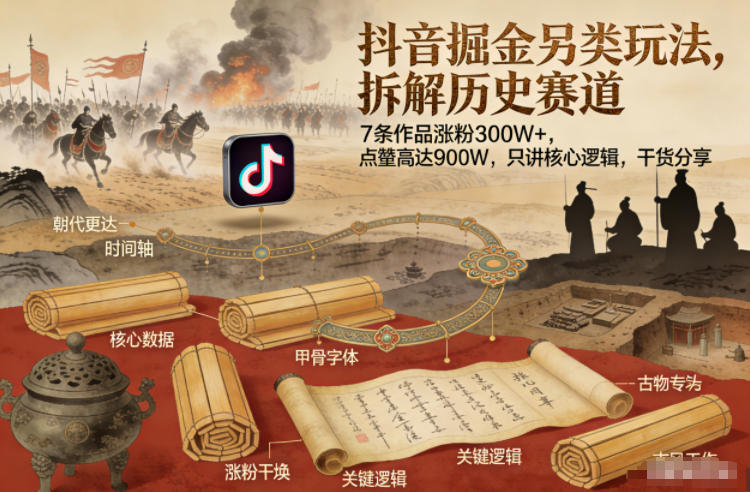 抖音掘金另类玩法,拆解历史赛道,7条作品涨粉300W+,点赞量高达900W,只讲核心逻辑,干货分享网赚项目-副业赚钱-互联网创业-资源整合百读客