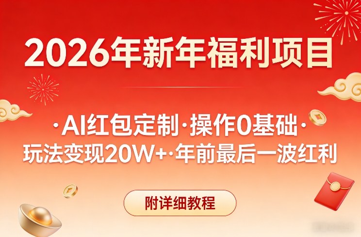 新年福利项目,AI红包定制,操作0基础,玩法变现20W+年前最后一波红利,附详细教程网赚项目-副业赚钱-互联网创业-资源整合百读客