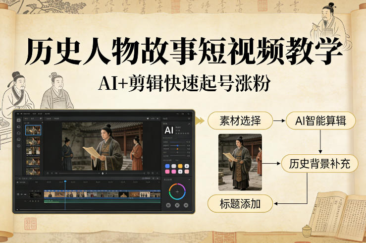 历史人物故事短视频教学，AI+剪辑制作历史人物题材短视频，快速起号涨粉网赚项目-副业赚钱-互联网创业-资源整合百读客