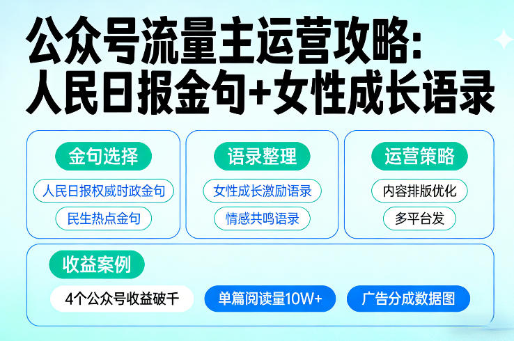利用人民日报金句+女性成长语录做公众号流量主，4个公众号收益破千网赚项目-副业赚钱-互联网创业-资源整合百读客